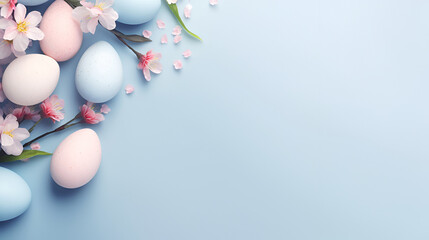 A soothing arc of pastel Easter eggs and spring cherry blossoms graces the top edge of a serene blue background, providing a spacious area for heartfelt Easter wishes.