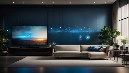 Living room in a smart home with a TV screen - obrazy, fototapety, plakaty