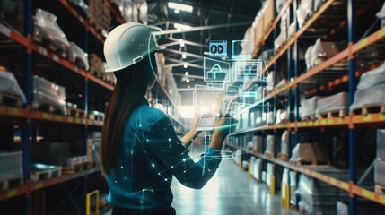Future AI warehouse concept, female workers in the virtual reality application to carry out inventory. A woman in overalls analyzes a digital product delivery infographic at a distribution center.