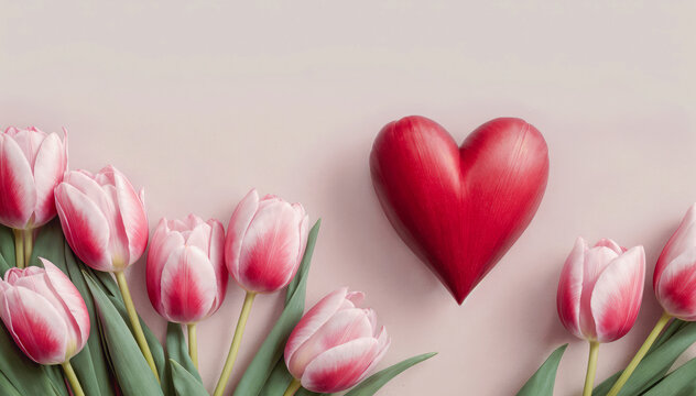 Red heart and bouquet of pink tulips