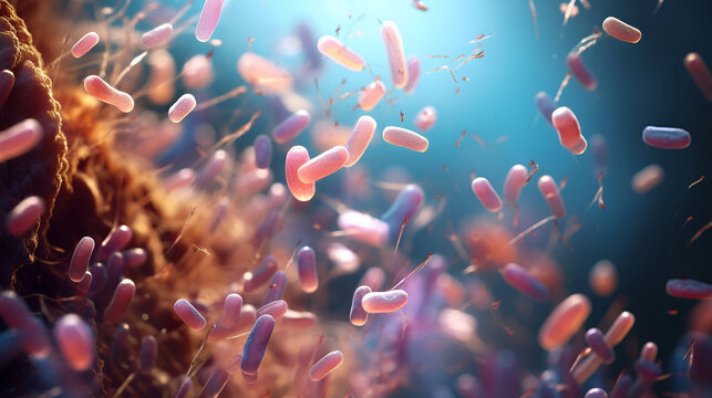 macro image of bacteria in red color, 3D illustration with copy space