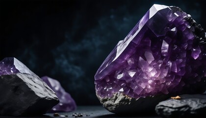 amethyst crystals on a black background