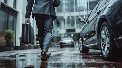Modern young businessman holding document bag and going to his car while evincing confidence. - obrazy, fototapety, plakaty
