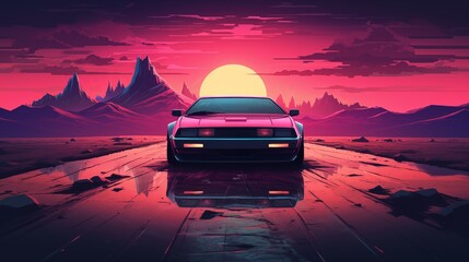 Fototapeta na wymiar Neon Drive, Retro Car in Synthwave Sunset. Generative AI