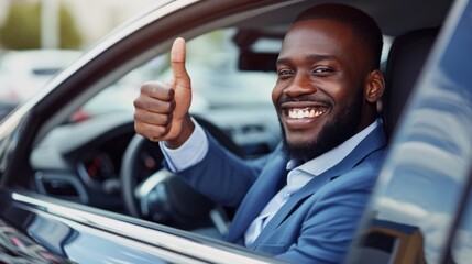 African American businessman showing thumb up while on expensive ca, New car, Car insurance concept.