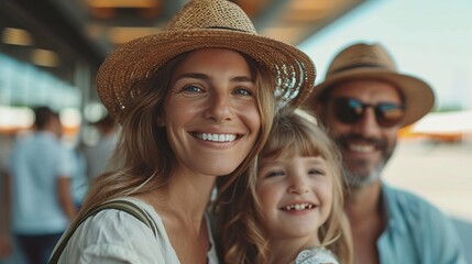 Family takes a selfie while waiting for their plane to depart at the airport