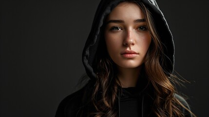 A beautiful young woman wearing a black hoodie. Created with Generative Ai technology.