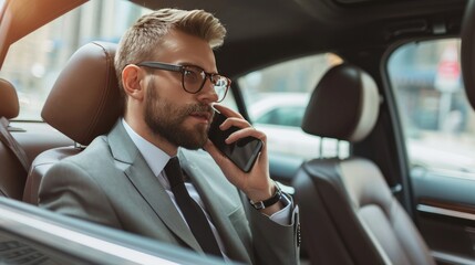 Young businessman talking on mobile phone while sitting on back seat of a car. - obrazy, fototapety, plakaty