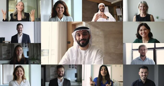 Headshot portrait of young Arabian businessman in traditional Islamic kandura and headscarf lead discussion, online communication using videocall application with multiracial colleagues, collage view