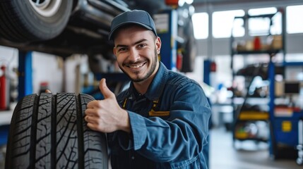 Smiling mechanic showing thumbs up with car tire in the car repair shop. - obrazy, fototapety, plakaty