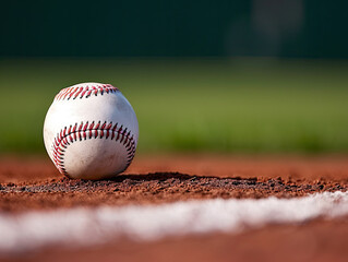 A baseball ball on a baseball field. - obrazy, fototapety, plakaty