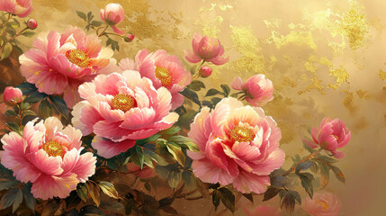 Peony in full bloom on golden background as wallpaper illustration 