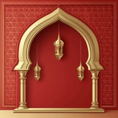 Fototapeta premium eid al-fitr - hari raya aidilfitri background. red color ramadan mubarak background, red gold mosque window with ramadan lantern background