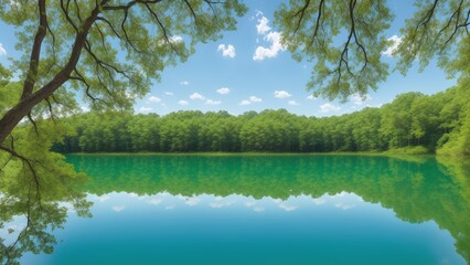 blue lake surrounded by trees and blue sky