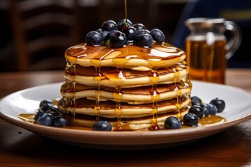 A stack of whole-grain pancakes topped with a generous drizzle of maple syrup and a scattering of plump blueberries.
