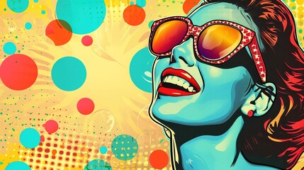 Pop art advertisement, with clouds and dots, with a young woman, comic style and sunglasses