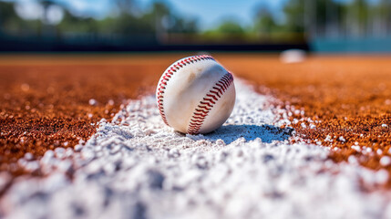 Baseball on the Infield Chalk Line - obrazy, fototapety, plakaty