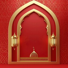 eid al-fitr - hari raya aidilfitri background. red color ramadan mubarak background, red gold mosque window with ramadan lantern background