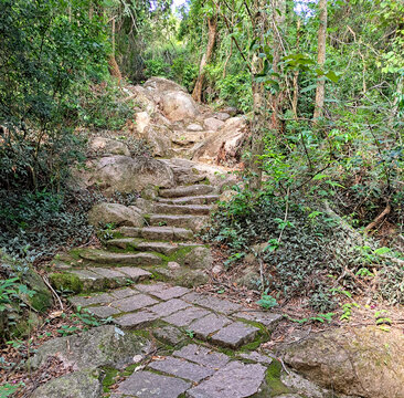 Salto,SP, Brazil - Jan 21, 2024. View of the stone stairs in the middle of the trail near Our Lady of Mont Serrat in the city of Salto.