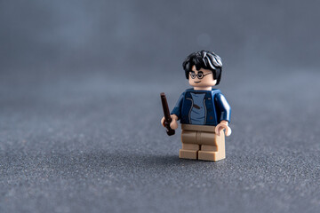 Fototapeta premium Lego Harry Potter minifigures. Children's designer toy made of bricks and plastic parts. Ukraine, Kyiv - January 17, 2024.