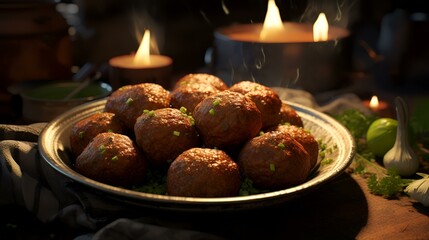 Meatballs on a metal plate on a dark background with candles.