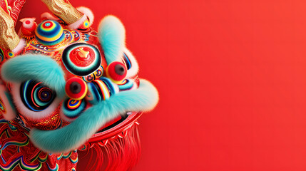 Chinese New Year seasonal social media background design with blank space for text. Closeup cute dancing dragon head in vivid color on red background. - obrazy, fototapety, plakaty