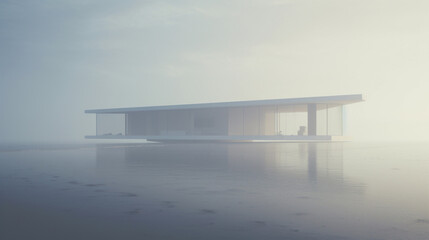 Solitary beach house in a misty environment with ocean and sky