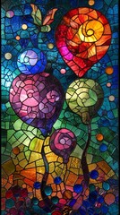 Stained glass window background with colorful balloons abstract.	