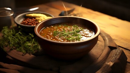 Bowl of delicious lentil soup on wooden table, closeup