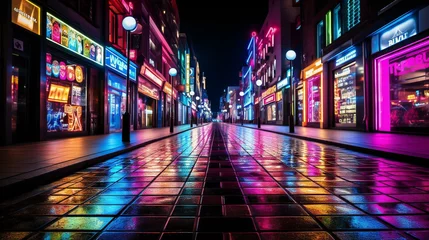 Fotobehang Neon Nightlife: Urban Cityscape with Vibrant Lights and Reflections © Jannat