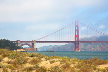 Golden Gate Bridge, the symbol of San Francisco city on a foggy
