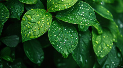 Green leaves with water drops on them - obrazy, fototapety, plakaty