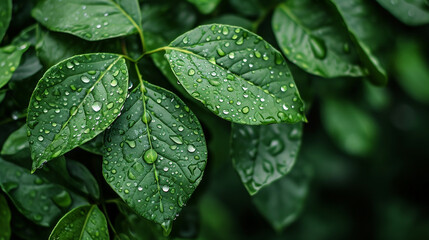 Green leaves with water drops on them - obrazy, fototapety, plakaty