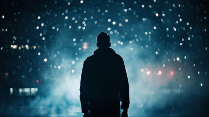 Silhouette of a man on a dark background with bokeh