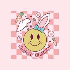 cute retro illustration of happy face with bunny ears for easter holidays