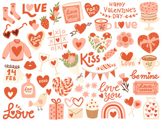 Valentine's Day Romantic Illustrations Bundle with playful and whimsical illustrations of heart, love, lips, flowers, gift, stars, love lettering, sweater, tea cup, rainbow elements.