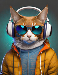 Obraz premium Cat with urban clothing, wireless headphones