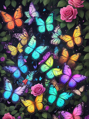 Many beautiful butterflies in a flower garden Generative AI