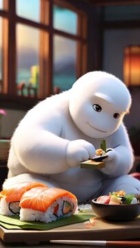 Baymax white cartoon monster eating sushi
