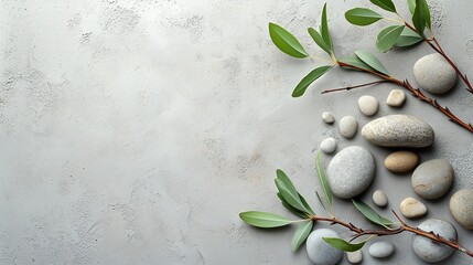 Top view of grey stones, zen, flowers, palm fronds, and a stone background with a spa theme, Generative AI.