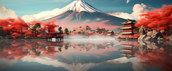 Beautiful japanese village town buddhist temple with sakura growing and mount fuji in background. - obrazy, fototapety, plakaty