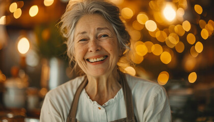Elderly Woman's Portrait with Twinkling Lights.
Radiant elderly woman in an apron with a bright smile amidst soft lights.