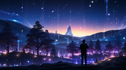 Cosmic Adventure: Silhouette of a Person Standing in a Mystical Night Landscape