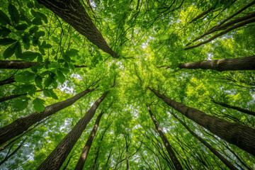 Fototapeta na wymiar Worm view, environment and sustainability mockup of trees for background, wallpaper and design. Green beauty, lush and morning light with copyspace for ecology, eco friendly and carbon footprint