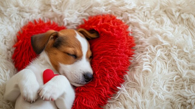 Puppy sleeping on the heart-shaped pillow, top view, close-up