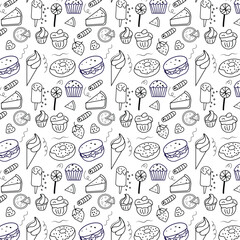 Street food pattern background design, Seamless pattern background Food and ingredient kids hand, pizza, ice cream, burger, vegetables, fruits