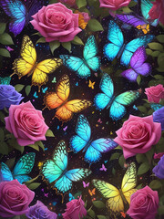 Many beautiful butterflies in a flower garden Generative AI