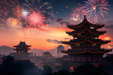 Holiday firework over a temple. Chinese New Year holiday celebration. Chinatown city panorama at night with colorful exploding fireworks