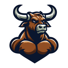 Fototapeta na wymiar Strong athletic body muscle bull mascot design vector illustration, logo template isolated on white background