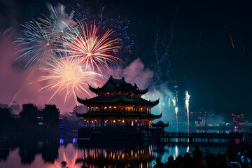 Holiday firework over a temple. Chinese New Year holiday celebration. Chinatown city panorama at night with colorful exploding fireworks